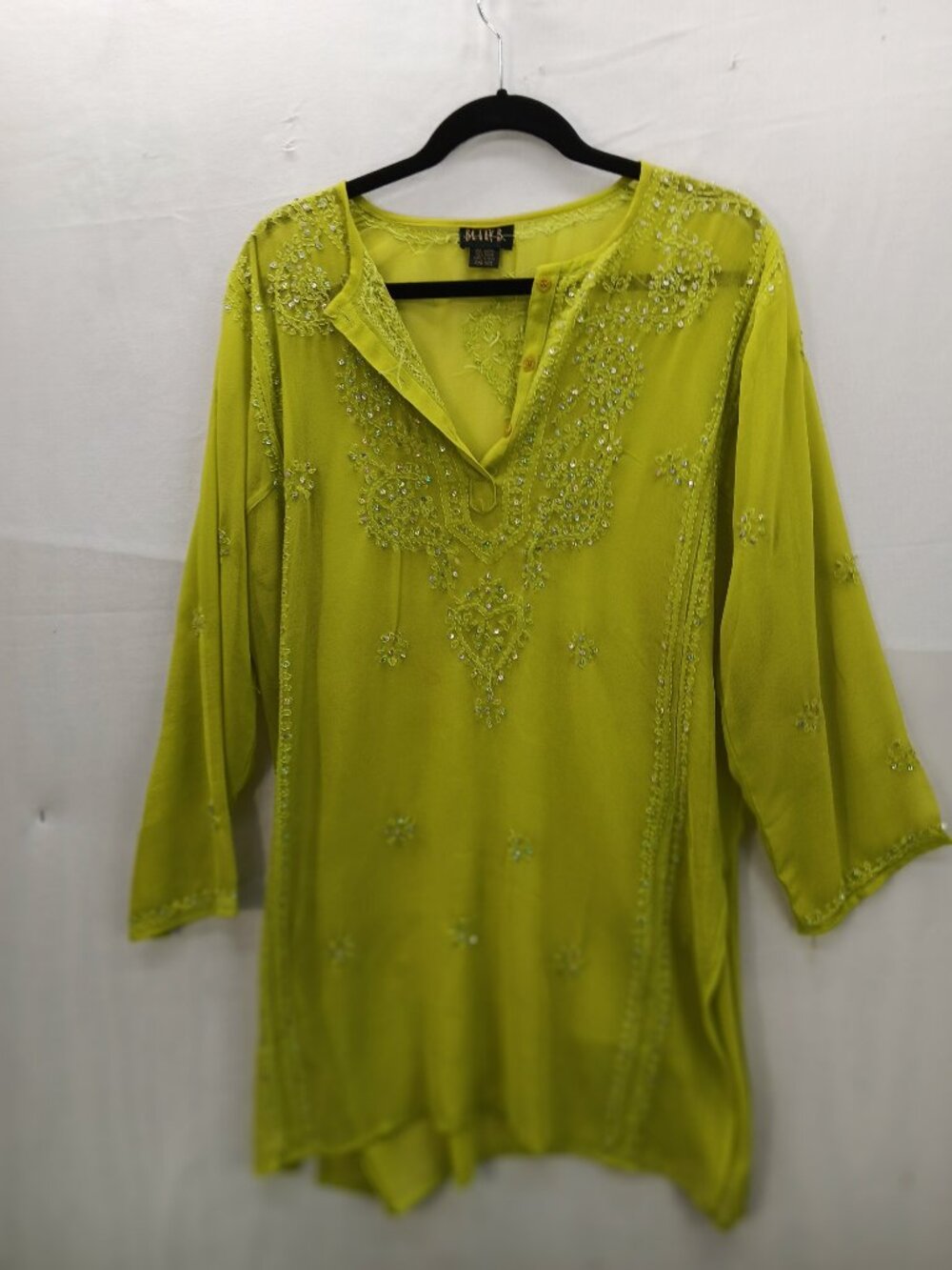 Betty B One Size Lime Green Beaded Sheer Tunic Top Boho